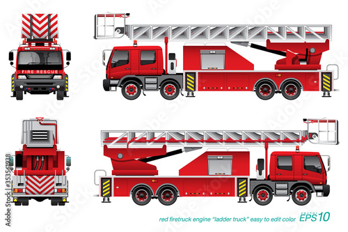 VECTOR EPS10 - red firetruck with ladder, vehicle rescue for high tower, isolated on white background.
