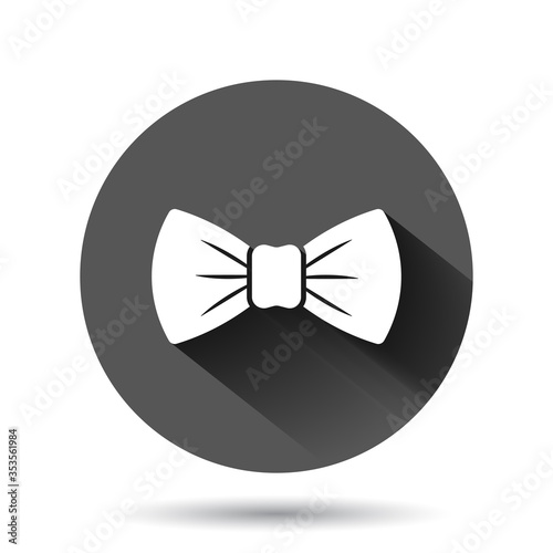 Tie bow icon in flat style. Bowtie vector illustration on black round background with long shadow effect. Butterfly circle button business concept.