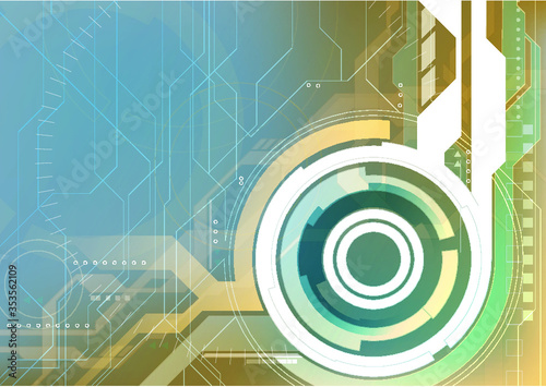 abstract technology background, circular component with circuit blending in blue and orange tone