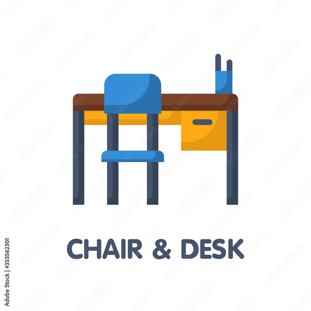 Chair and desk flat icon style design illustration on white background Chair and desk flat icon style design illustration on white background