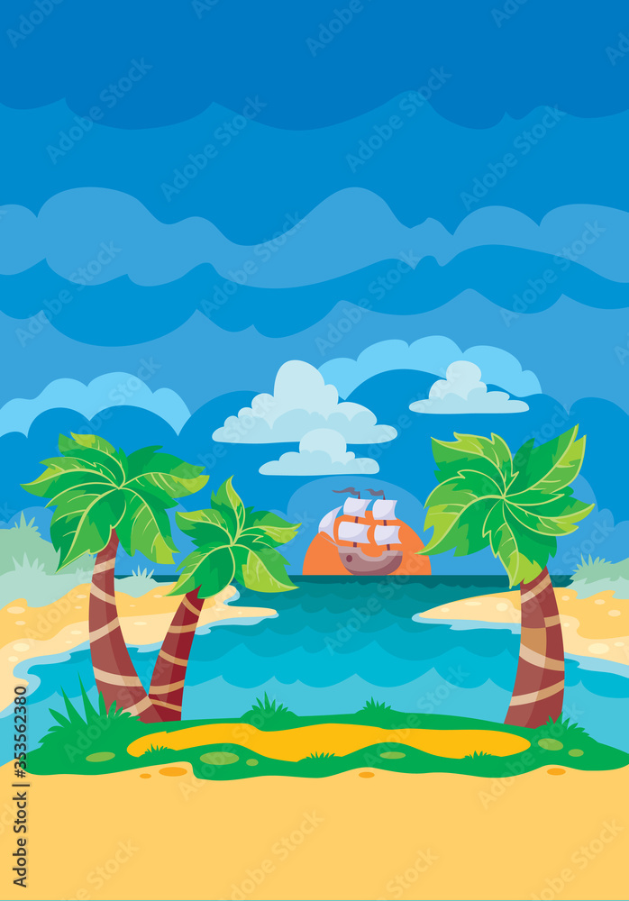 background for the game of palm ship beach, island, sea, blue sky, vector illustration,
