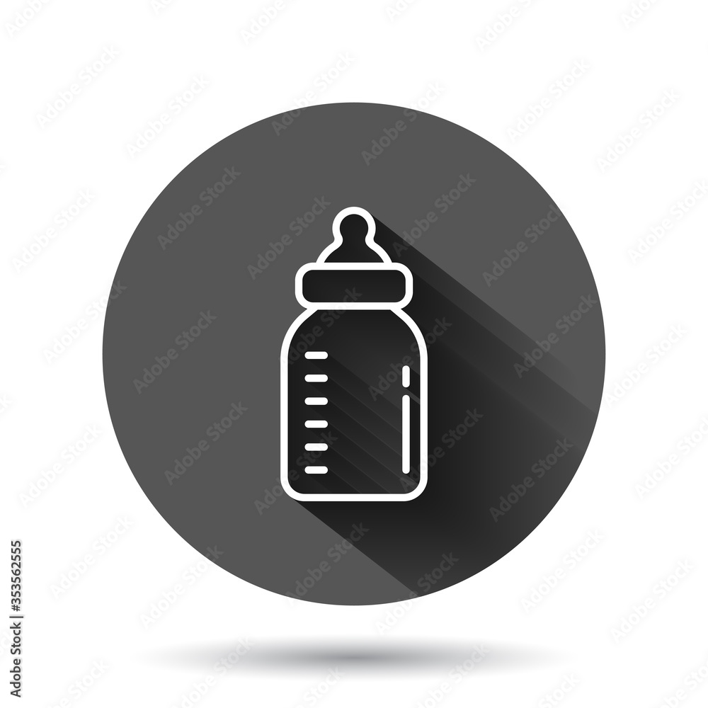 Baby bottle icon in flat style. Milk container vector illustration on black round background with long shadow effect. Drink glass circle button business concept. Baby bottle icon in flat style. Milk container vector illustration on black round background with long shadow effect. Drink glass circle button business concept.
