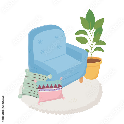 sweet home armchair cushions carpet and potted plant