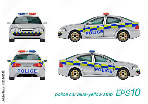 VECTOR EPS10 - police car with blue-red siren, grey body color with blue-yellow strip, template isolated on white background.