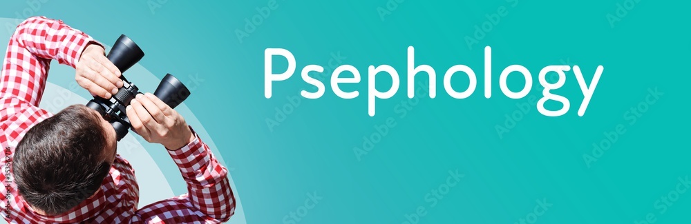 Naklejka premium Psephology. Businessman (man) looks through binoculars. Birds eye view. Focus on text. Blue Background. Business, Finance, Statistics, Analysis, Economy