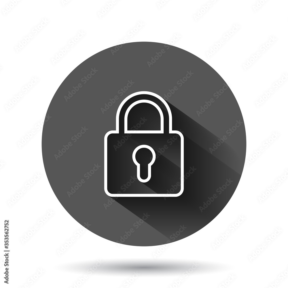 Padlock icon in flat style. Lock vector illustration on black round background with long shadow effect. Private circle button business concept. Padlock icon in flat style. Lock vector illustration on black round background with long shadow effect. Private circle button business concept.