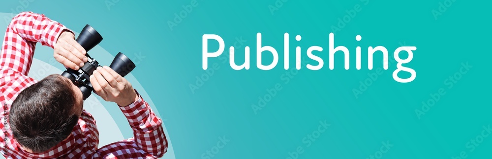 Naklejka premium Publishing. Businessman (man) looks through binoculars. Birds eye view. Focus on text. Blue Background. Business, Finance, Statistics, Analysis, Economy