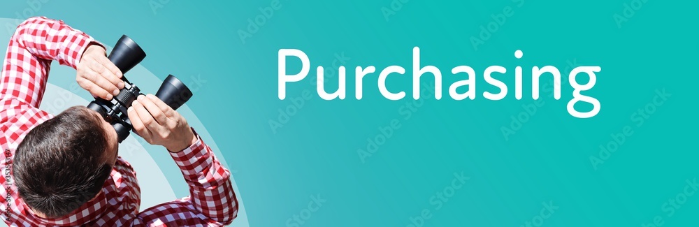 Naklejka premium Purchasing. Businessman (man) looks through binoculars. Birds eye view. Focus on text. Blue Background. Business, Finance, Statistics, Analysis, Economy