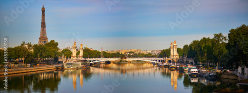 Scenic panormaic view of the Eiffel tower and Alexandre III bridge photo