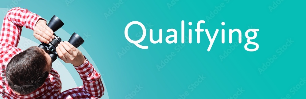 Naklejka premium Qualifying. Businessman (man) looks through binoculars. Birds eye view. Focus on text. Blue Background. Business, Finance, Statistics, Analysis, Economy