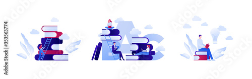 College education and book reading is ladder of success concept. Vector flat person illustration set. Collection of people character read, stack of book. Design for banner, infographic