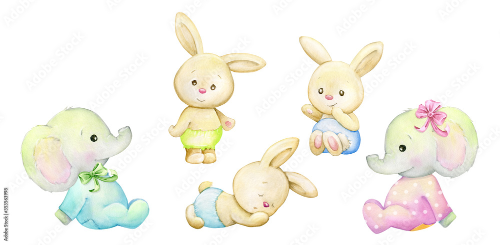 Small, Rabbits, elephants, in clothes. Watercolor animal in cartoon style, on an isolated background.
