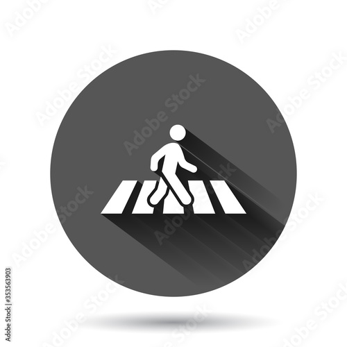 Pedestrian crosswalk icon in flat style. People walkway sign vector illustration on black round background with long shadow effect. Navigation circle button business concept.