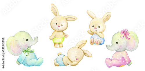 Small, Rabbits, elephants, in clothes. Watercolor animal in cartoon style, on an isolated background.