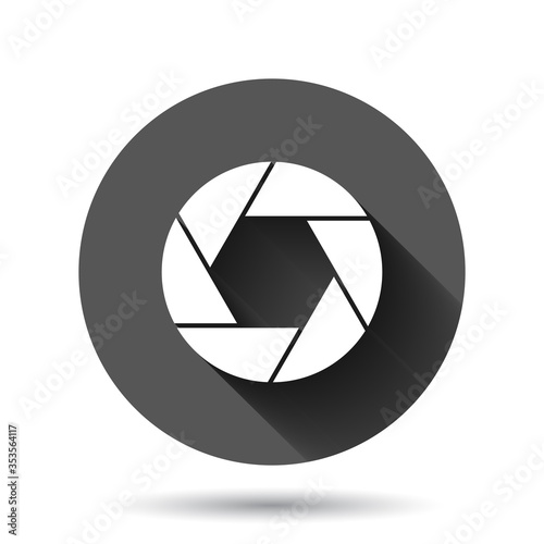 Camera diaphragm icon in flat style. Lens sign vector illustration on black round background with long shadow effect. Photo snapshot circle button business concept.