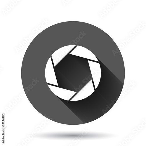 Camera diaphragm icon in flat style. Lens sign vector illustration on black round background with long shadow effect. Photo snapshot circle button business concept.