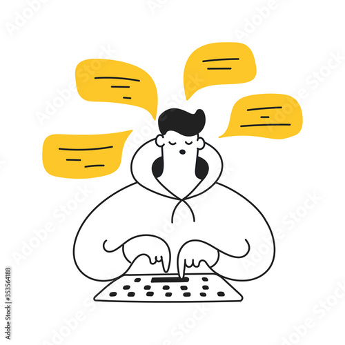 Writing a message concept. The cute cartoon guy is typing a message, chatting with someone, communicates in social networks or through a messenger. Flat clean line vector illustration on white.