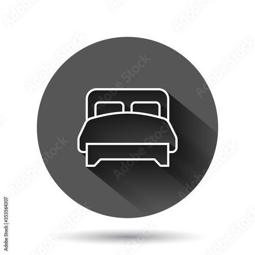 Bed icon in flat style. Bedroom sign vector illustration on black round background with long shadow effect. Bedstead circle button business concept.