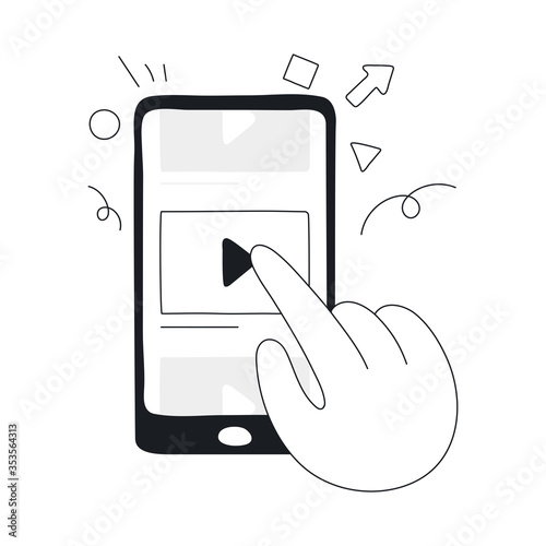 Video advertising, social media promotion in smartphone, watching videos, clicking on the ad using a mobile phone. Flat outline black white cartoon vector illustration style