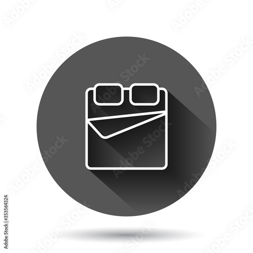 Bed icon in flat style. Bedroom sign vector illustration on black round background with long shadow effect. Bedstead circle button business concept.