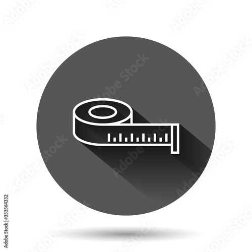 Measure tape icon in flat style. Ruler sign vector illustration on black round background with long shadow effect. Meter circle button business concept.