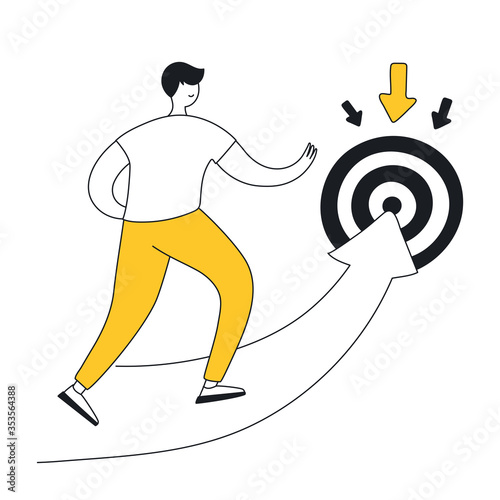 The movement towards the goal. The guy rushing along the arrow pointing to the sign of the target, business concept of goal and success. Flat clean outline vector illustration on white 