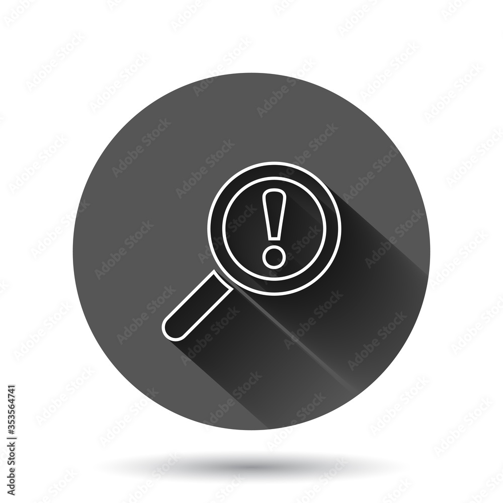 Risk analysis icon in flat style. Exclamation magnifier vector illustration on black round background with long shadow effect. Attention circle button business concept. Risk analysis icon in flat style. Exclamation magnifier vector illustration on black round background with long shadow effect. Attention circle button business concept.