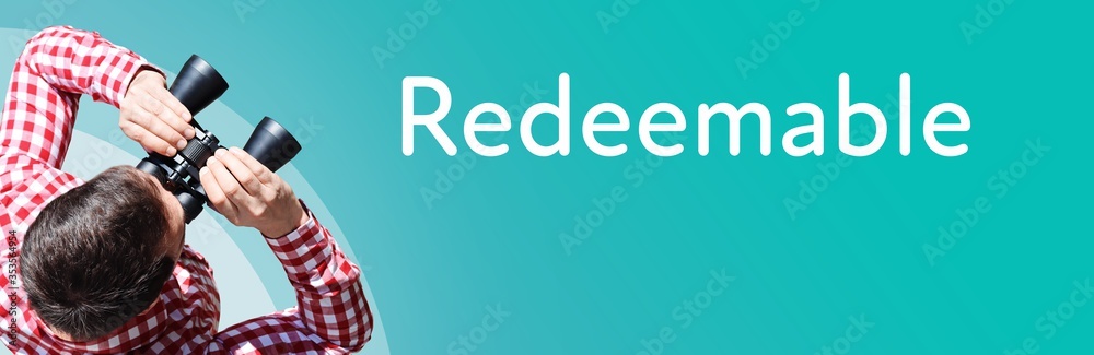 Naklejka premium Redeemable. Businessman (man) looks through binoculars. Birds eye view. Focus on text. Blue Background. Business, Finance, Statistics, Analysis, Economy