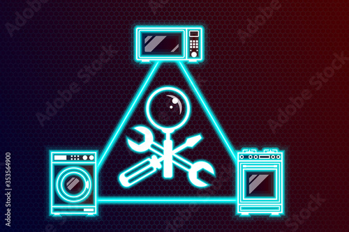 Repair, maintenance of household appliances - a symbol in the form crossed screwdriver, wrench and magnifier. Vector horizontal orientation