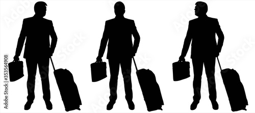 Businessman with a briefcase and a suitcase on wheels stands still. Man in a suit is ready for a business trip. Three male black silhouettes isolated on a white background, looking at each other.