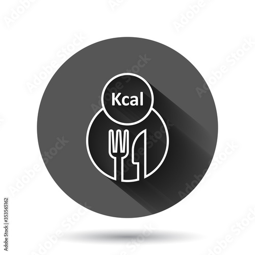 Kcal icon in flat style. Diet vector illustration on black round background with long shadow effect. Calories circle button business concept.