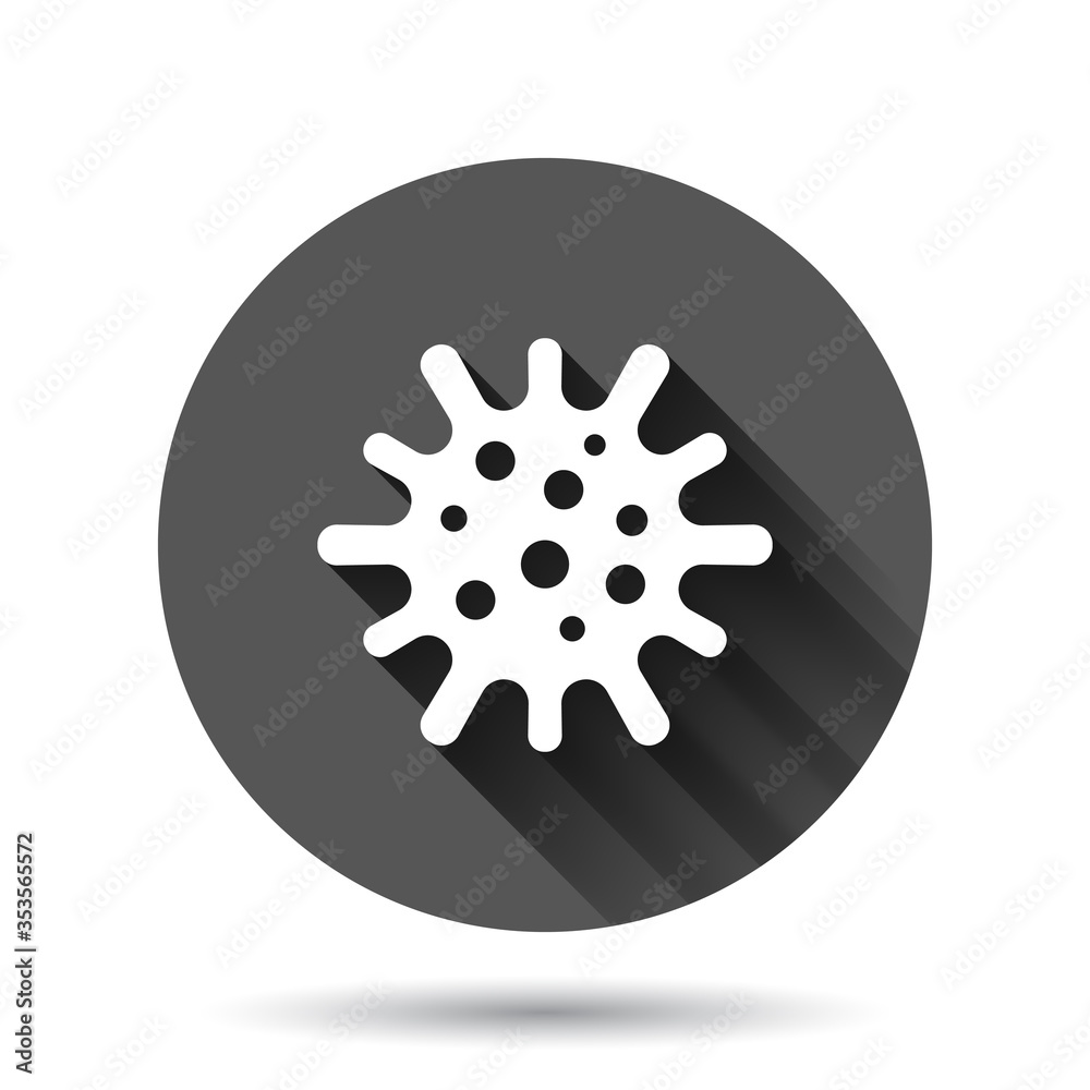 Coronavirus bacteria cell icon in flat style. Allergy vector illustration on black round background with long shadow effect. Microbe virus circle button business concept.