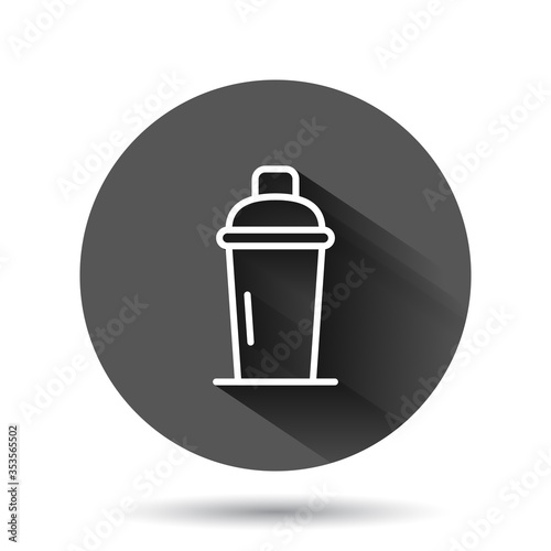 Shaker cocktail icon in flat style. Alcohol bottle vector illustration on black round background with long shadow effect. Bar drink circle button business concept.