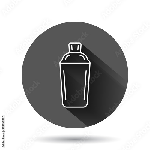 Shaker cocktail icon in flat style. Alcohol bottle vector illustration on black round background with long shadow effect. Bar drink circle button business concept.