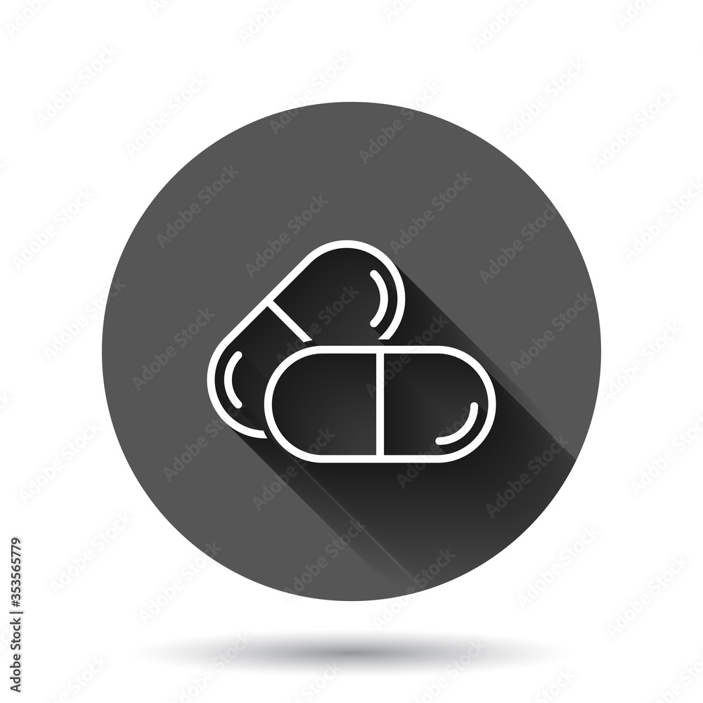 Pill capsule icon in flat style. Drugs vector illustration on black round background with long shadow effect. Pharmacy circle button business concept. Pill capsule icon in flat style. Drugs vector illustration on black round background with long shadow effect. Pharmacy circle button business concept.