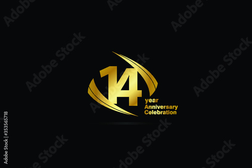 14 year minimalist logo years, jubilee, greeting card. Birthday invitation. Sign Cube Line Gold space vector illustration on black background - Vector