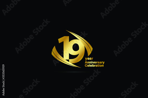 19 year minimalist logo years, jubilee, greeting card. Birthday invitation. Sign Cube Line Gold space vector illustration on black background - Vector