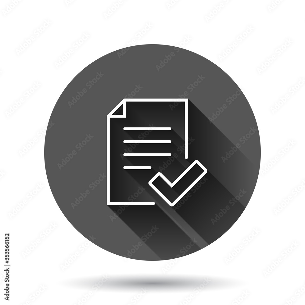 Approved document icon in flat style. Authorize vector illustration on black round background with long shadow effect. Agreement check mark circle button business concept. Approved document icon in flat style. Authorize vector illustration on black round background with long shadow effect. Agreement check mark circle button business concept.
