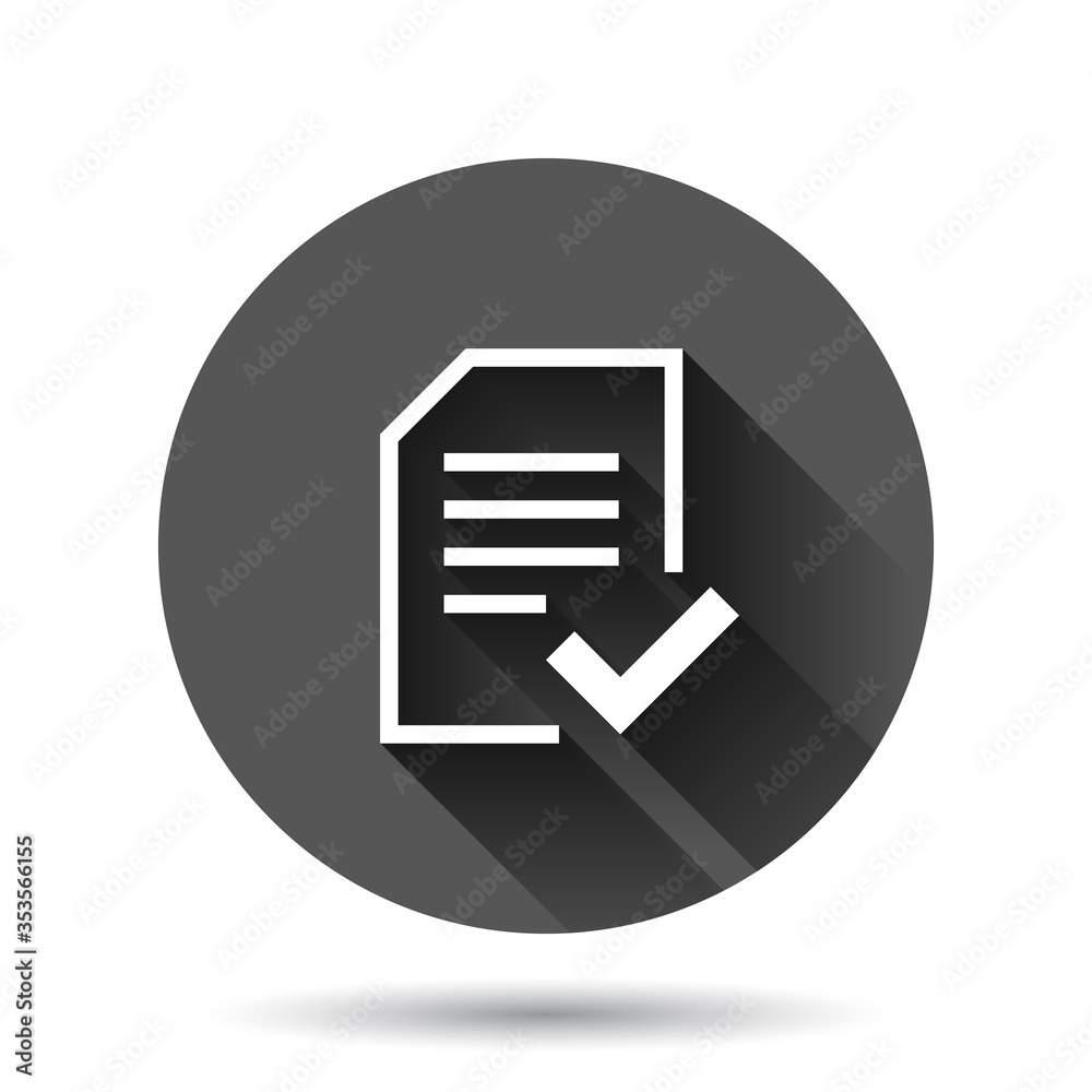 Approved document icon in flat style. Authorize vector illustration on black round background with long shadow effect. Agreement check mark circle button business concept. Approved document icon in flat style. Authorize vector illustration on black round background with long shadow effect. Agreement check mark circle button business concept.