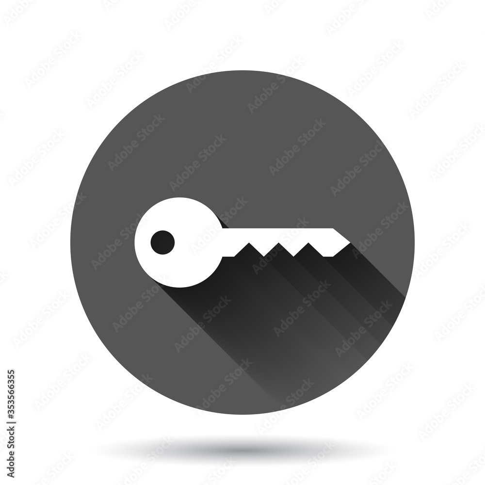 Key icon in flat style. Password vector illustration on black round background with long shadow effect. Access circle button business concept. Key icon in flat style. Password vector illustration on black round background with long shadow effect. Access circle button business concept.