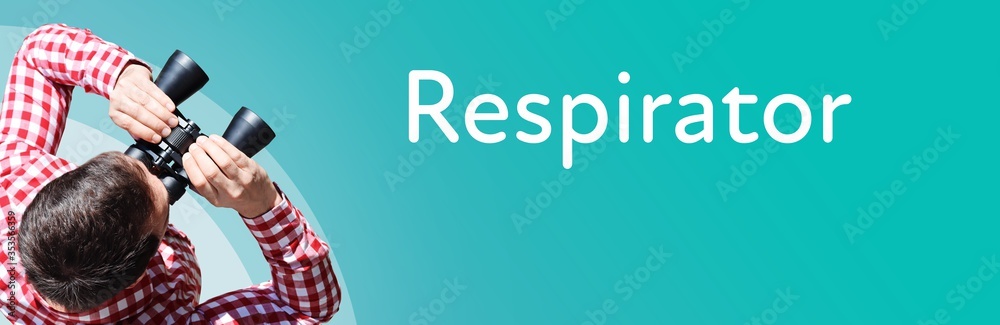 Naklejka premium Respirator. Businessman (man) looks through binoculars. Birds eye view. Focus on text. Blue Background. Business, Finance, Statistics, Analysis, Economy