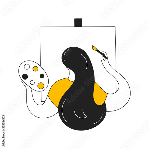 Artist or illustrator at work, design, creation of artwork. Girl draws with a brush on an easel, view from the back. Flat thin line vector icon on white.