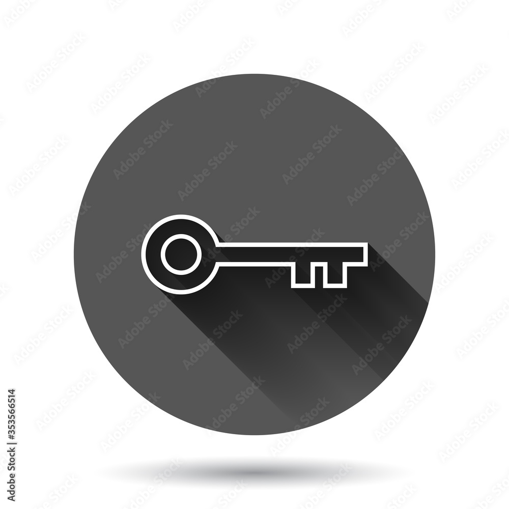 Key icon in flat style. Password vector illustration on black round background with long shadow effect. Access circle button business concept.