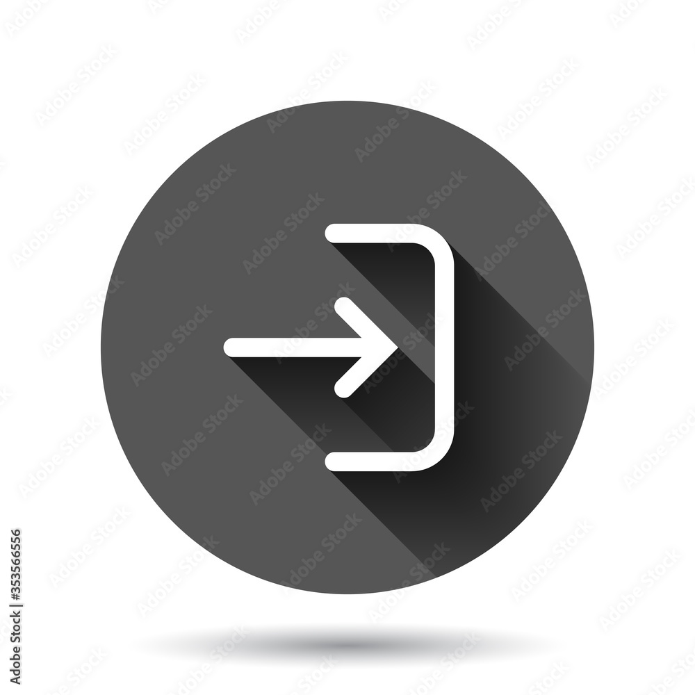 Login icon in flat style. Arrow access vector illustration on black round background with long shadow effect. Door entry circle button business concept. Login icon in flat style. Arrow access vector illustration on black round background with long shadow effect. Door entry circle button business concept.