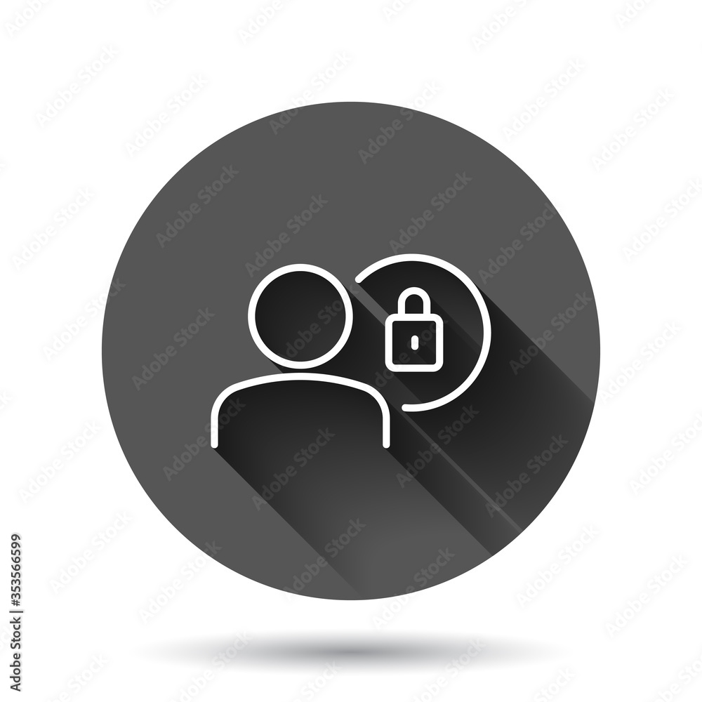 Login icon in flat style. People secure access vector illustration on black round background with long shadow effect. Password approved circle button business concept. Login icon in flat style. People secure access vector illustration on black round background with long shadow effect. Password approved circle button business concept.