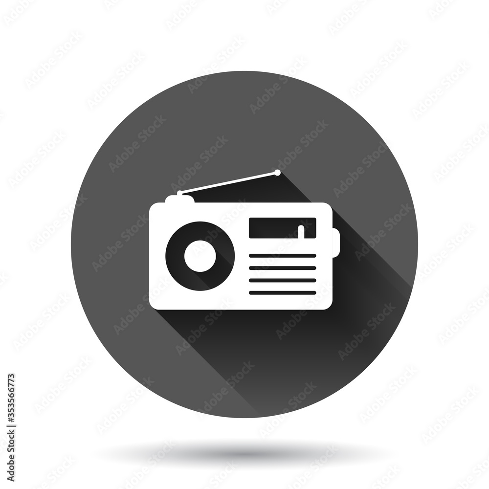 Radio icon in flat style. Fm broadcast vector illustration on black round background with long shadow effect. Radiocast circle button business concept. Radio icon in flat style. Fm broadcast vector illustration on black round background with long shadow effect. Radiocast circle button business concept.