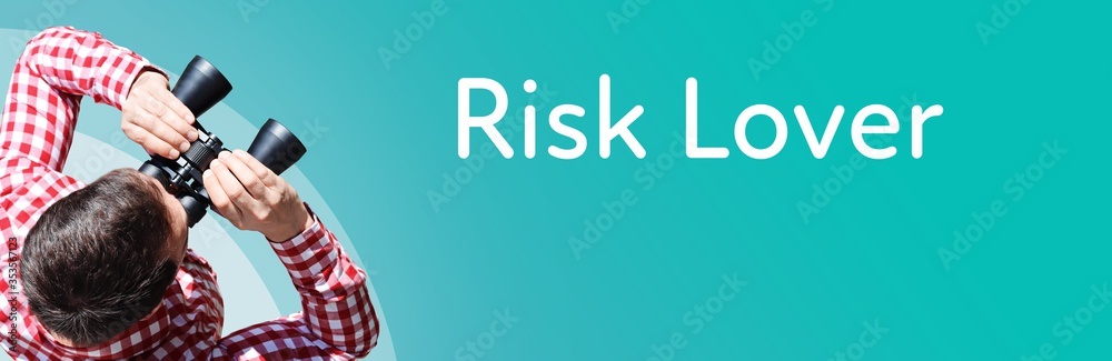 Naklejka premium Risk Lover. Businessman (man) looks through binoculars. Birds eye view. Focus on text. Blue Background. Business, Finance, Statistics, Analysis, Economy