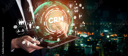 Cuadro en lienzo CRM Customer Relationship Management for business sales marketing system concept presented in futuristic graphic interface of service application to support CRM database analysis