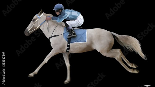 Jockey riding a white horse running gallop. Isolated video including alpha channel allows to add background in post-production. Element for visual effects.