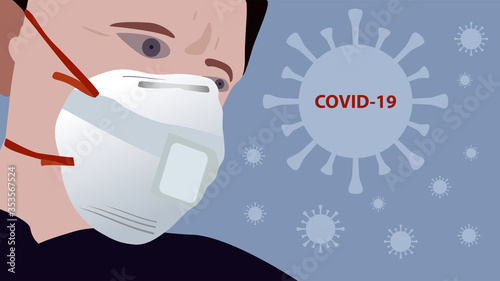 Cute male person wearing protective face mask. Concept of coronavirus quarantine.